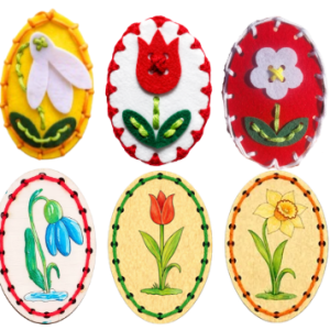 Broșe de cusut din fetru sau lemn – Ghiocel, Lalea și Margaretă | Kit creativ pentru copii