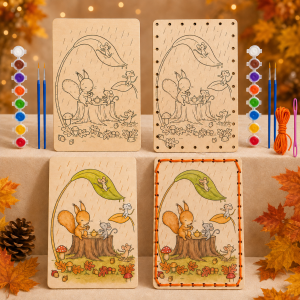 Tablou din lemn Veverița și Șoricelul, prietenie în ploaie – Pictură sau cusut | Activitate creativă pentru copii