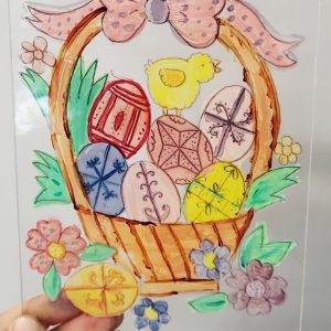 Tablou cu ouă, coș de Paște și puișor din lemn sau plexiglas