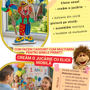Atelier creativ pentru copii – Clovn vesel cu morișcă și baloane pictate pe sticlă