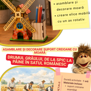 Atelier Tradiții Românești – Suport pentru creioane cu moară funcțională din lemn