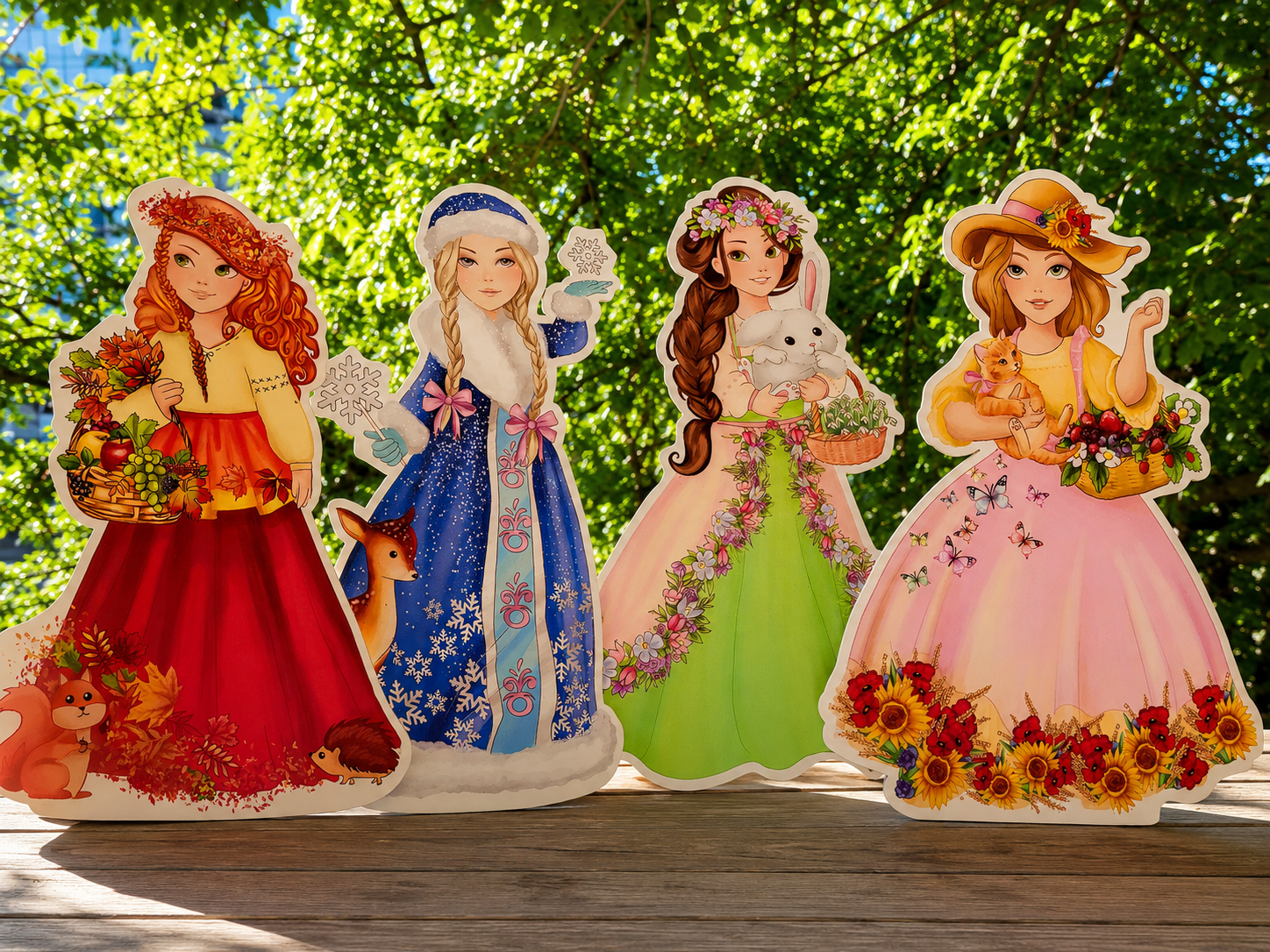 Set Zânele Anotimpurilor din MDF – Decor educativ pentru grădinițe și școli (4 personaje, aproximativ 55 cm)