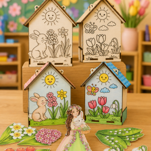 Atelier educativ de primăvară – Căsuță pentru păsări de colorat și flori de primăvară
