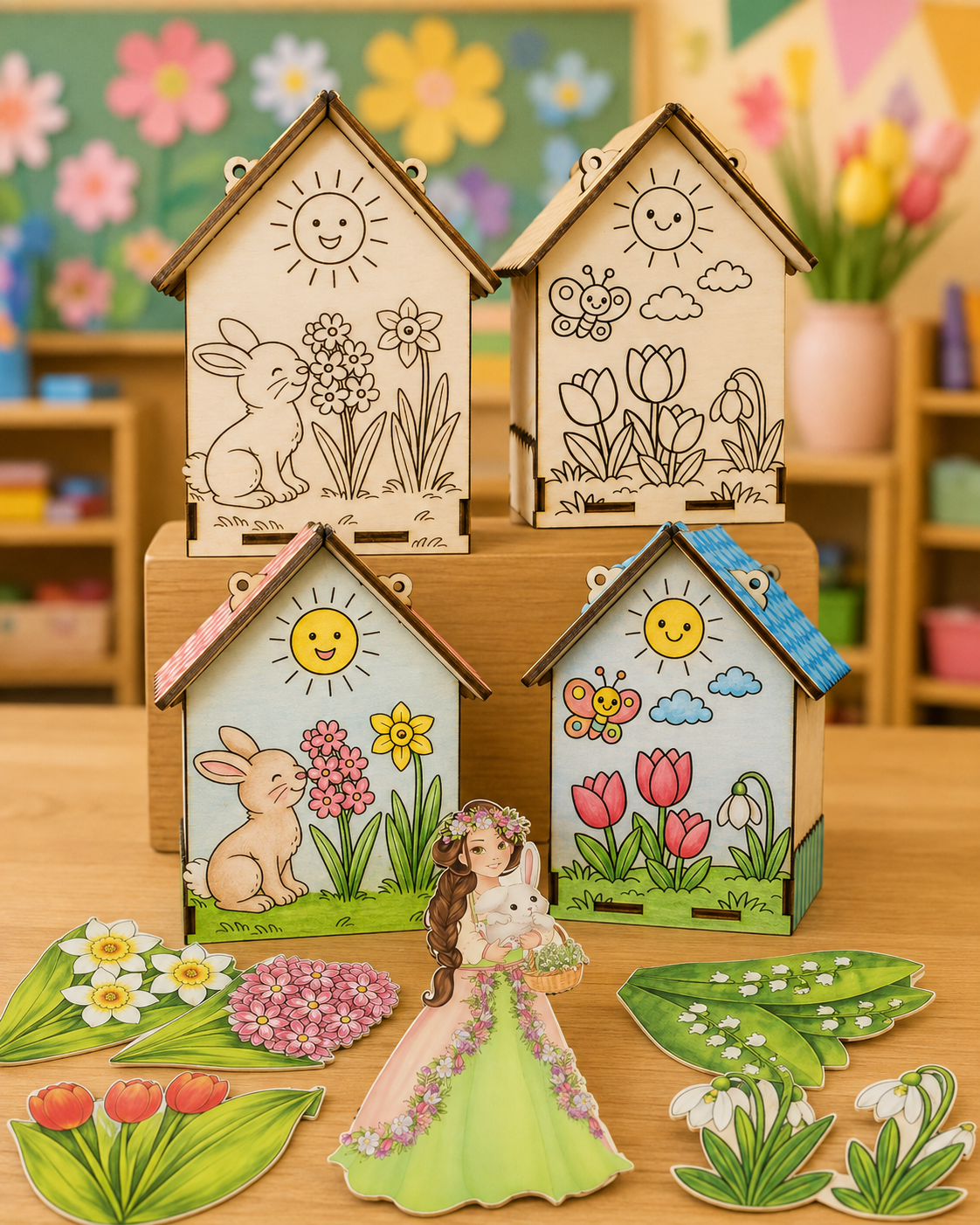 Atelier educativ de primăvară – Căsuță pentru păsări de colorat și flori de primăvară