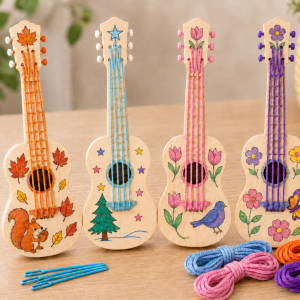 Chitară din lemn de cusut și colorat, 20 cm – Kit creativ cu corzi din fir pentru copii