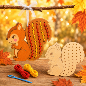 Veveriță din lemn pentru cusut, 19 cm – Kit creativ cu ac și fire colorate pentru copii