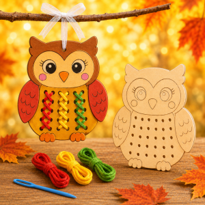 Bufniță din lemn de cusut și colorat, 19 cm – Kit creativ pentru copii cu ac și 3 fire colorate