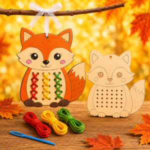 Vulpe din lemn de cusut și colorat, 19 cm – Kit creativ pentru copii